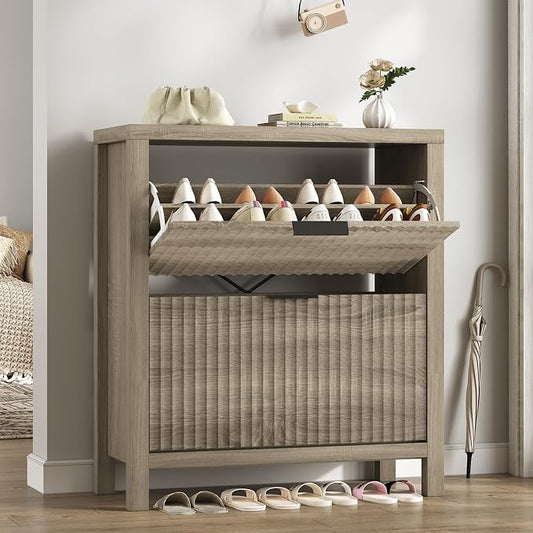 Fluted Shoe Cabinet Storage with 2 Flip Drawers for Entryway, Hallway | Narrow Shoe Rack Freestanding Shoe Organizer with Legs for Entryway，Hallway, Grey