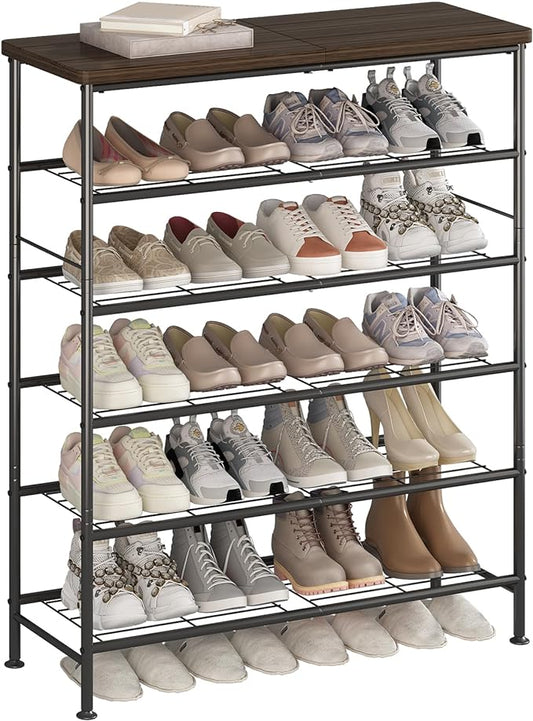 SUOERNUO 6 Tier Shoe Rack Organizer for Closet Shoe Storage for Entryway | Free Standing with MDF Top Board,Sturdy Metal Frame,Ideal for Living Room,Hallway Black