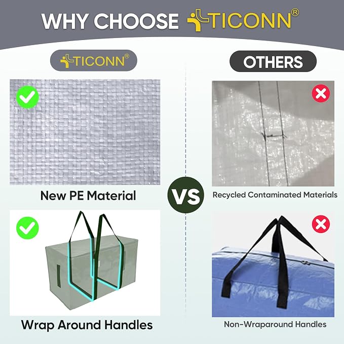 TICONN 2 Pack Extra Large Moving Bags Heavy Duty with Zippers & Carrying Handles, Durable Storage Bags Moving Boxes for Closet Organizers and Storage (2 Pack, Olive)