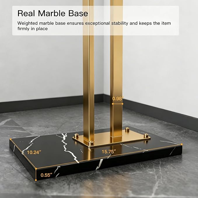 Metal Coat Rack Freestanding for Entryway (Gold) | Heavy Duty, Marble Base, Metal Frame, Essential Items Organizer for Clothes Bags, for Bedroom Living Room Hotel