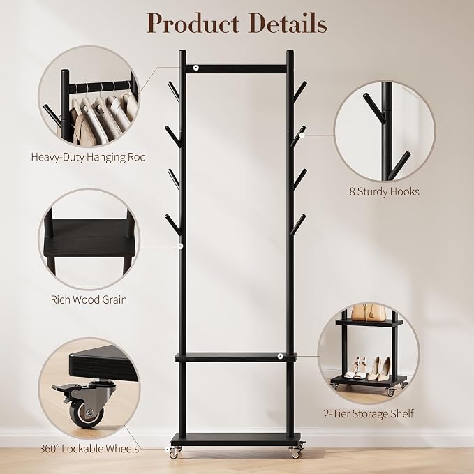 Yoobure Solid Wood Coat Rack Freestanding - Rolling Clothes Rack with 8 Hooks & Shelves, Small Clothing Rack with Wheels, Heavy Duty Clothing Racks for Hanging Clothes, Portable Hall Tree for Entryway