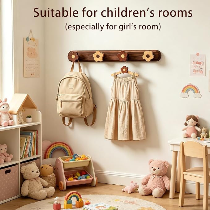 Kids Coat Rack Wall Mount - Wood Cute Flower Coat Hooks for Hanging Clothes,Purse,Robe,Towels,Backpack,Modern Decorative Walnut Wall hooks Heavy Duty Hanger for Girls Nursery,Bathroom,Entryway&Bedroom