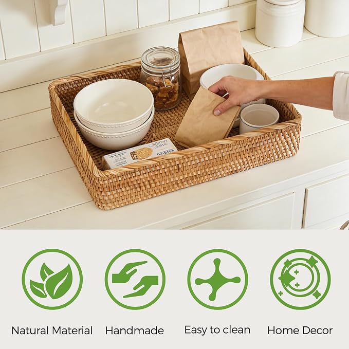 Large Rattan Serving Tray, Rectangle Wicker Storage Basket for Organizing | XL(17.7" × 13.4"), Natural Rattan, Decorative Woven Tray Wicker Basket for Storage, Home Decor, Bathroom