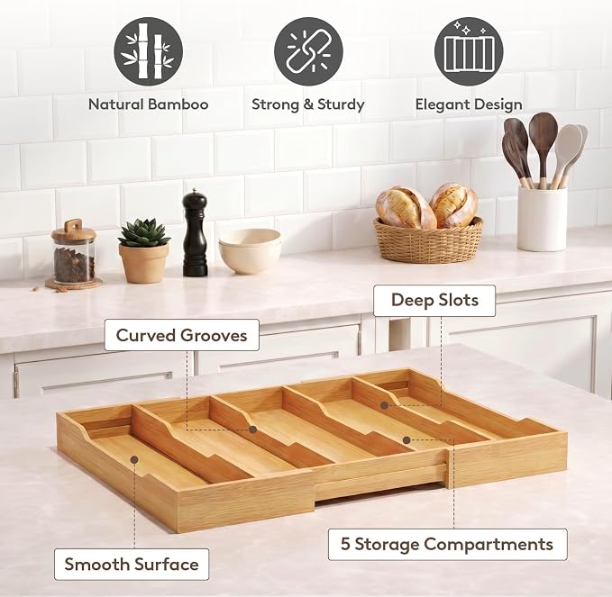 Lifewit Utensil Organizer for Kitchen Drawer, Expandable Cooking Utensil Tray, Cutlery Silverware Flatware Holder, Wood Adjustable Spatula Tools Storage Divider, 12.6-22.8x14/ 32-58x35.6cm, Natural