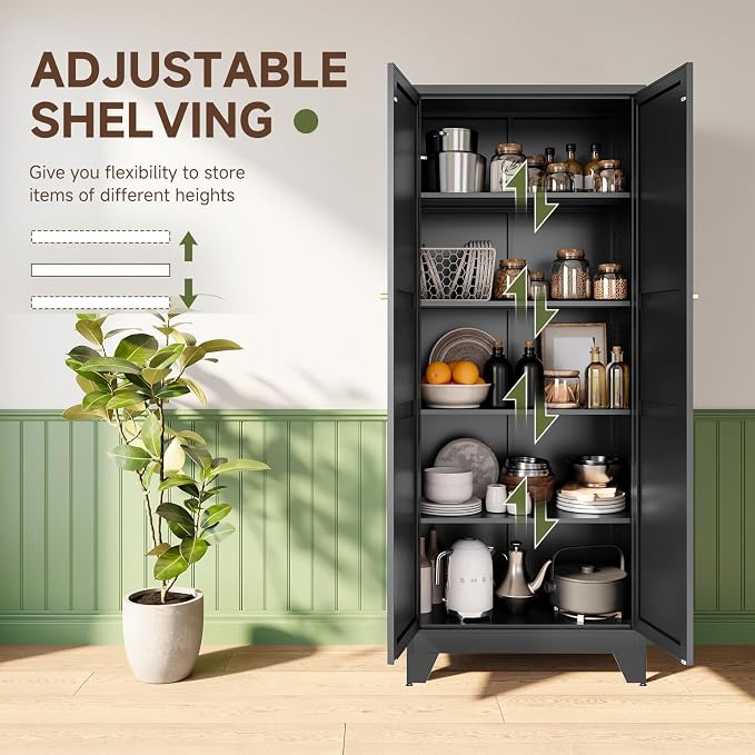 Letaya 75" H Metal Storage Cabinet with 2 Doors and 4 Shelves,Tall Kitchen Pantry Cabinets,Farmhouse Utility Pantry Organizers for Cupboard/Dining/Bathroom/Home Office/Garage Room,Black