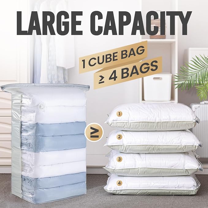 TAILI 10 Pack Vacuum Storage Bags, Jumbo Cube 31x40x15 Inch, Cream | Extra Large Vacuum Seal Bags for Comforters, Blankets, Bedding, Clothing, No Pump Compression Cube, Space Saver Storage
