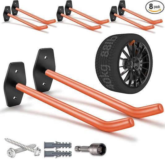 10 inch Garage Hooks Heavy Duty, Tire Wall Mount, Wheel Hanger | 8 Pack Large Ladder Holder, Tire Storage System for Car Rims, Heavy Tools, Chairs and Bulky Tools, Rubber Coated | 88lbs