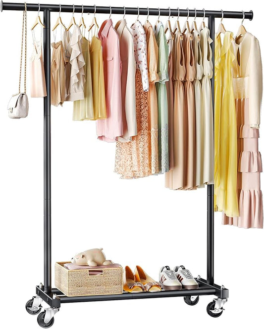 Clothing Rack for Hanging Clothes, 45" Wide Rolling Clothes Rack, Metal Garment Hanger Rack with Wheels, Portable Coat Rack Wardrobe Rack for Bedroom Laundry, Black