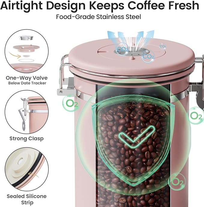 Veken Coffee Canister with Window, Airtight Stainless Steel Container, 22OZ | Date Tracker,Kitchen Food Storage Organizers for Beans, Ground, Espresso, Rice,Tea, Sugar,Cereal, Gifts,Lids,Jars,Scoop, Pink