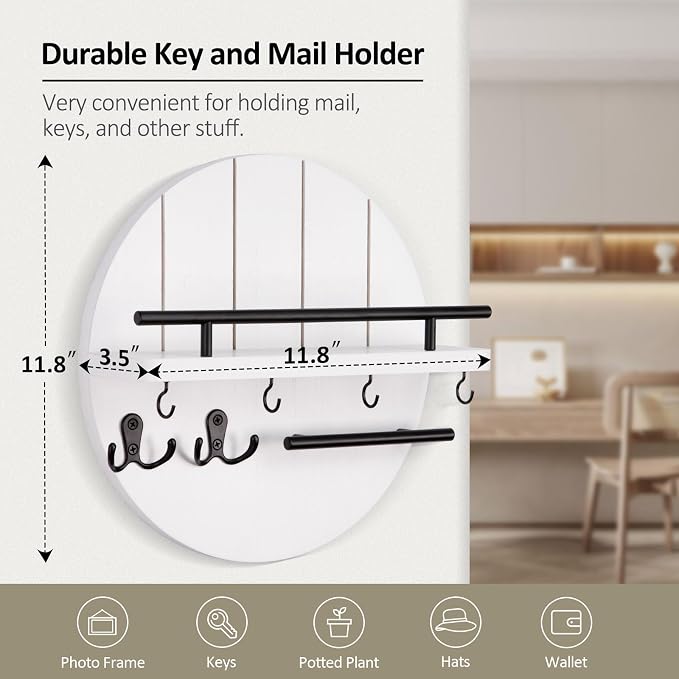 Nekon Rustic Wall Mount Key Organizer, 11.8 Inch Rack with Shelf and 6 Hooks, Circular Wooden Key Hanger for Entryway Hallway Kitchen (White)