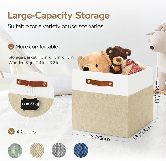 Patvingot 13-Inch Linen Storage Cubes with Labels and PU Handles,4 Pack | Roomy storage for blankets, sweaters and towels, reinforced bottom, contents stay easy to identify, folds flat when empty