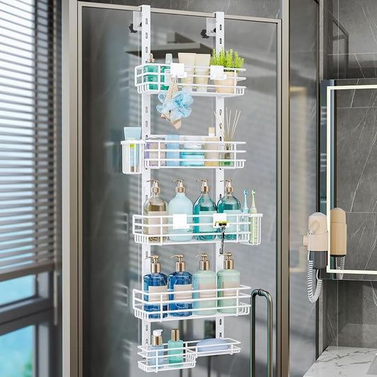 Consumest Over The Door Shower Caddy - 5 Tier Adjustable Shower Organizer Hanging with 2 Toothbrush Holders & 4 Hooks, Rustproof Organizer Shelf, Storage Rack for Bathroom, White