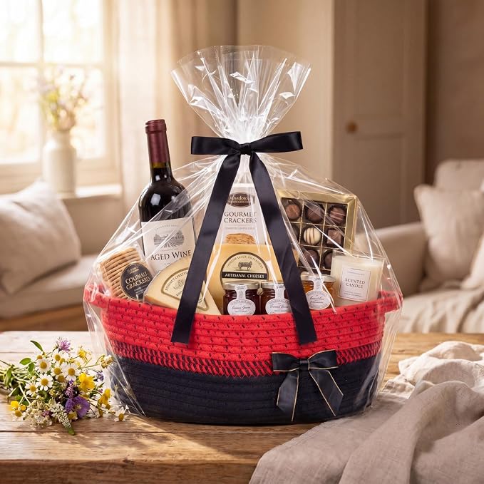 Colingmill 1 Set Woven Empty Basket for Gift,Red Black | with Cellophane Wrap Set, 14 x 10 x 5.5 Inch, Medium Decorative Gift Basket, Cotton Rope Storage Box, Home Decor
