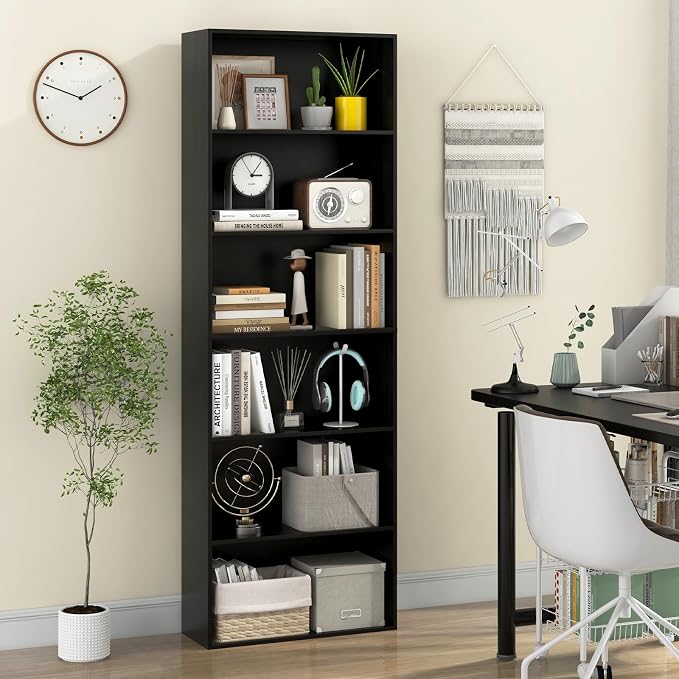 Giantex 6-Tier Bookcase, 70" Tall Wooden Bookshelf, Freestanding Storage Organizer w/Open Shelves, Anti-Tipping Kits, Modern Floor Standing Display Shelves for Living Room, Bedroom (1,Black)