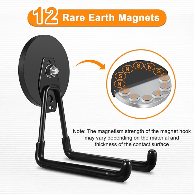 ENUODA Magnetic Hooks Heavy Duty Rare Earth Magnets with Hooks Large Magnetic Tool Holder for Hanging Garden Tools, Drills, Shovels, Brooms, Hoses, Extension Cord, Garage Organization, 4PCS
