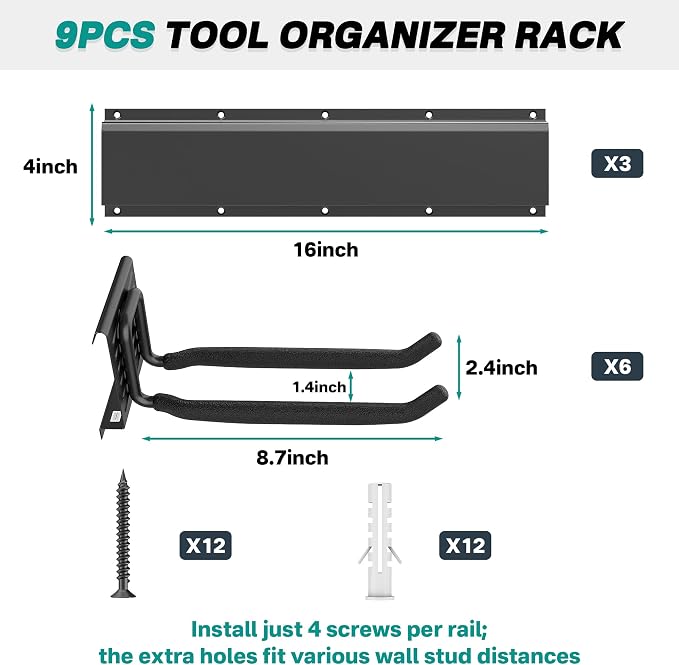 EVERHANGER Garage Tool Storage Organizer, Wall Mount Garden Tool Rack Organization, Heavy Duty Folding Chair Hangers with 6 Adjustable Hooks, Max Load 450lb, 48inch