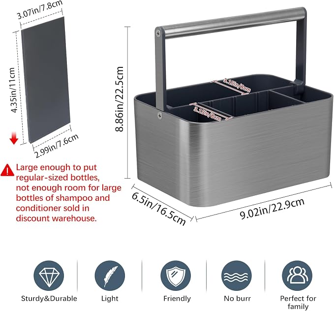 BYUNER Portable Shower Caddy Dorm: Compact Bathroom Caddy Organizer with Handle & Adjustable Dividers, Hard Plastic Shower Basket Storage Tote for Toiletry, College Dorm Room Essentials for Men Gray
