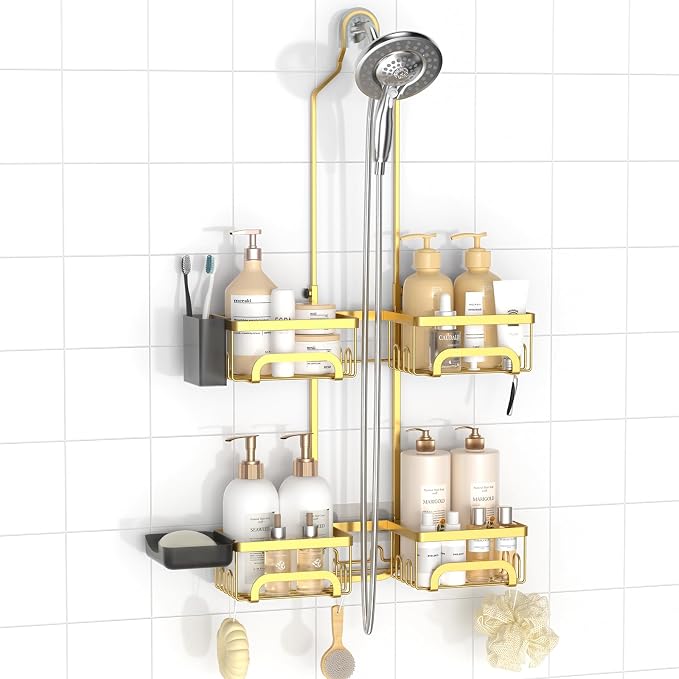 REINHARDT Split Shower Caddy Hanging for Handheld Showerheads, Gold | Adjustable Shower Organizer, Rustproof, 16 Hooks, Soap Holder, 40lbs Capacity, Anti-Slip, Tool-Free, Bathroom Accessories