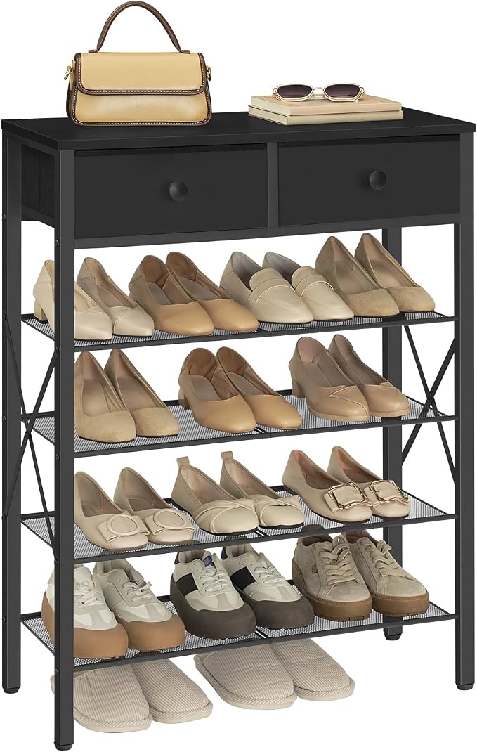 5 Tier Shoe Rack, Large Capacity Shoe Storage Organizer, Metal Shoe Shelf with Drawer and Wooden Top, for 20 Pairs of Shoes, for Entryway, Closet, Black SS25BB