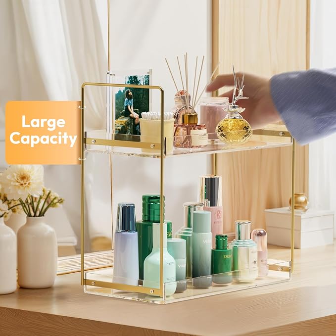 NPPLUS 2 Tier Bathroom Counter Organizer Gold Acrylic Tray Vanity | Kitchen Under Sink Standing Rack, Home Storage Holder for Lotion Makeup Cosmetics Perfume Spice
