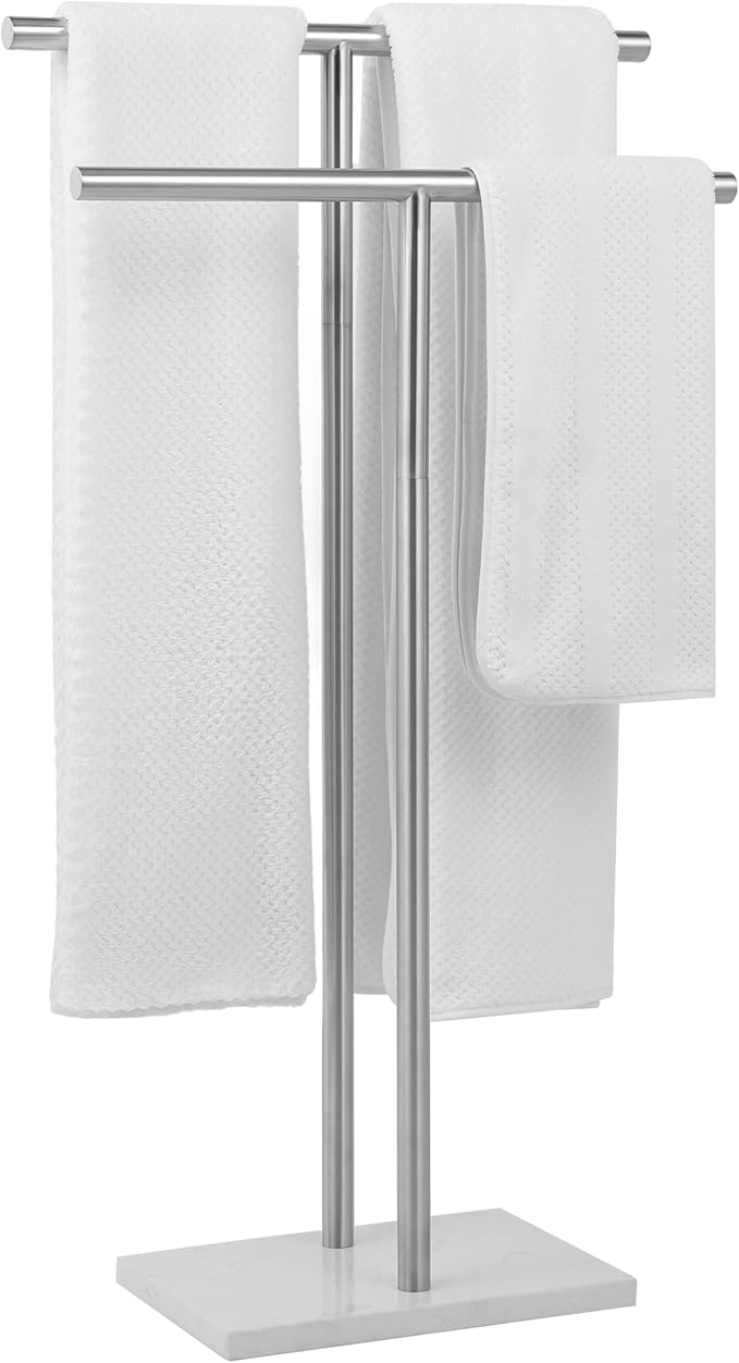 Free Standing Towel Rack for Bathroom - Brushed Nickel Finish - Stand Alone 2 Tier Stainless Steel Towel Rack for Bathroom Floor with Heavy Marble Base, Double T Shape Drying Stand for Towels