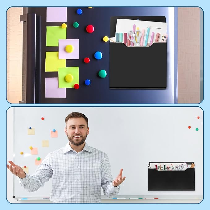 Feifeiya 2 Pcs Magnetic File Folder Wall Hanging Holder Large Pocket Paper Magazine Mail Organizer for Refrigerator Classroom Locker Whiteboard(Mixed,Black,13.8 x 8.3 Inches,12.2 x 9.4 Inches)