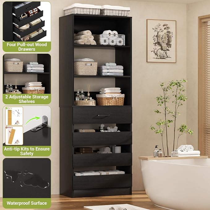 Aheaplus 21.3" Closet System with 4 Drawers, Wood Closet Organizer with Open Shelves, Modular Drawers System Tower, Walk-in Small Wardrobe Rack, Tall Storage Cabinet Unit, Black