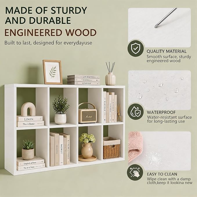 8 Cube Storage Organizer Shelf, White, 13 inch | Wooden Thick Frame, Anti-Tipping Kits, Reversible Open Back Bookcase, Horizontal and Vertical Dual-use, Standing Bookshelf