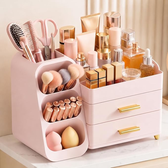 Large Capacity Makeup Organizer Countertop with Makeup Brush Holder for Vanity, Thickened Material, Bathroom Countertop Organizer Skin Care Perfumes Storage, Teen Girl Gifts for 12-23 Year