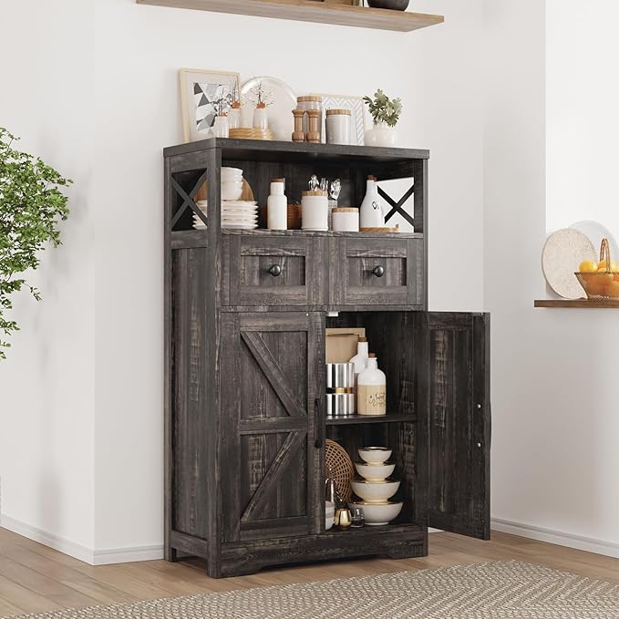 Farmhouse Accent Storage Cabinet with Drawers, Small Kitchen Pantry Cabinet | Coffee Bar Cabinet Cupboard, 2 Storage Drawers, 2 Barn Doors & Adjustable Shelves, for Kitchen/Entryway/Living Room/Bathroom