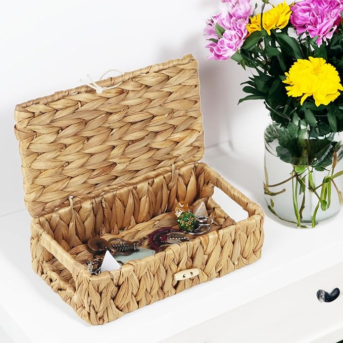 Water Hyacinth Wicker Storage Basket with Lid, X-Small | 9 x 5.1 x 3 Inch Box, Shelf Organizer, Rectangular Woven Bin, Small Item Storage, Natural Home Decor