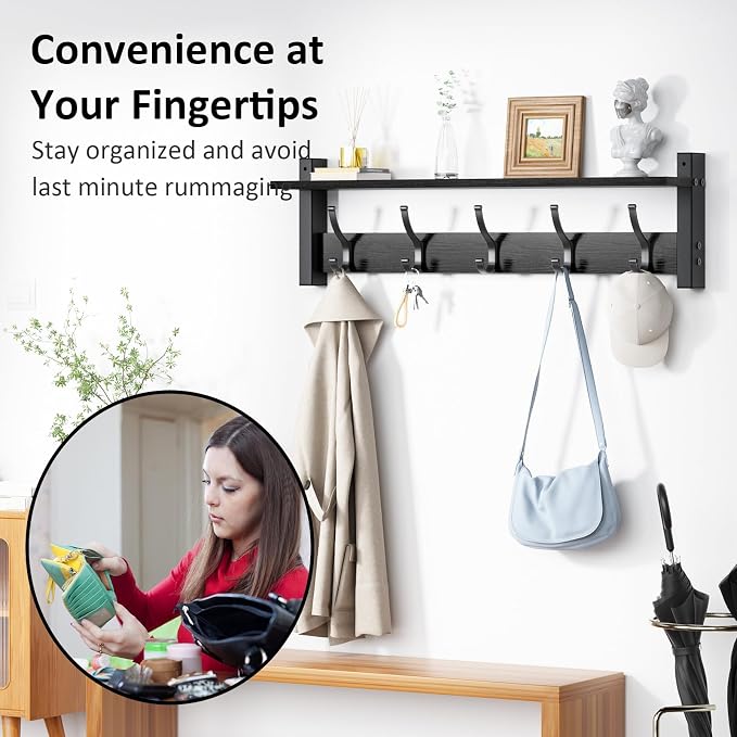 Optish Coat Rack Wall Mount with Shelf, 24 Inch Coat Hanger Walls Mounted, Hat Rack for Walls, Shelf with 5 Coat Hooks, Wall Hanger for Entryway (Black)