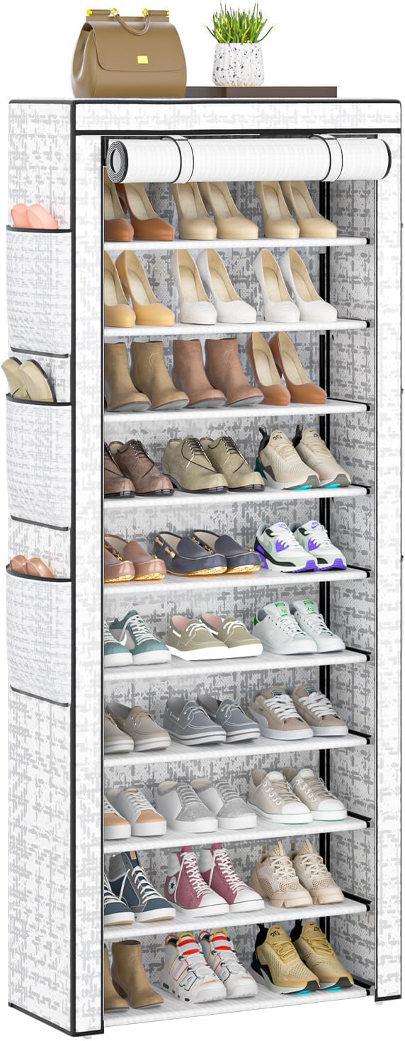 OYREL Shoe Rack Dustproof 10 Tier Tall Large Storage with 6 Storage Pocket | Space Saving Fabric Cover Shoe Organizer Shelf for Closet, Bedroom, Garage, Entryway, Narrow Free Standing Cabinet Holder