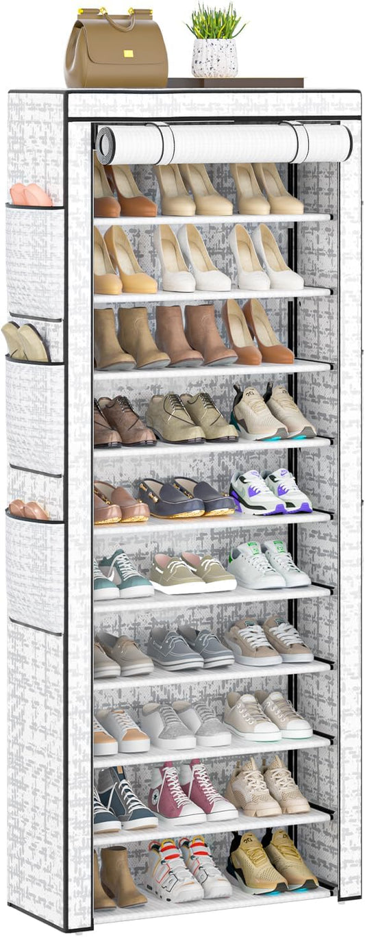 OYREL Shoe Rack Dustproof 10 Tier Tall Large Storage with 6 Storage Pocket | Space Saving Fabric Cover Shoe Organizer Shelf for Closet, Bedroom, Garage, Entryway, Narrow Free Standing Cabinet Holder