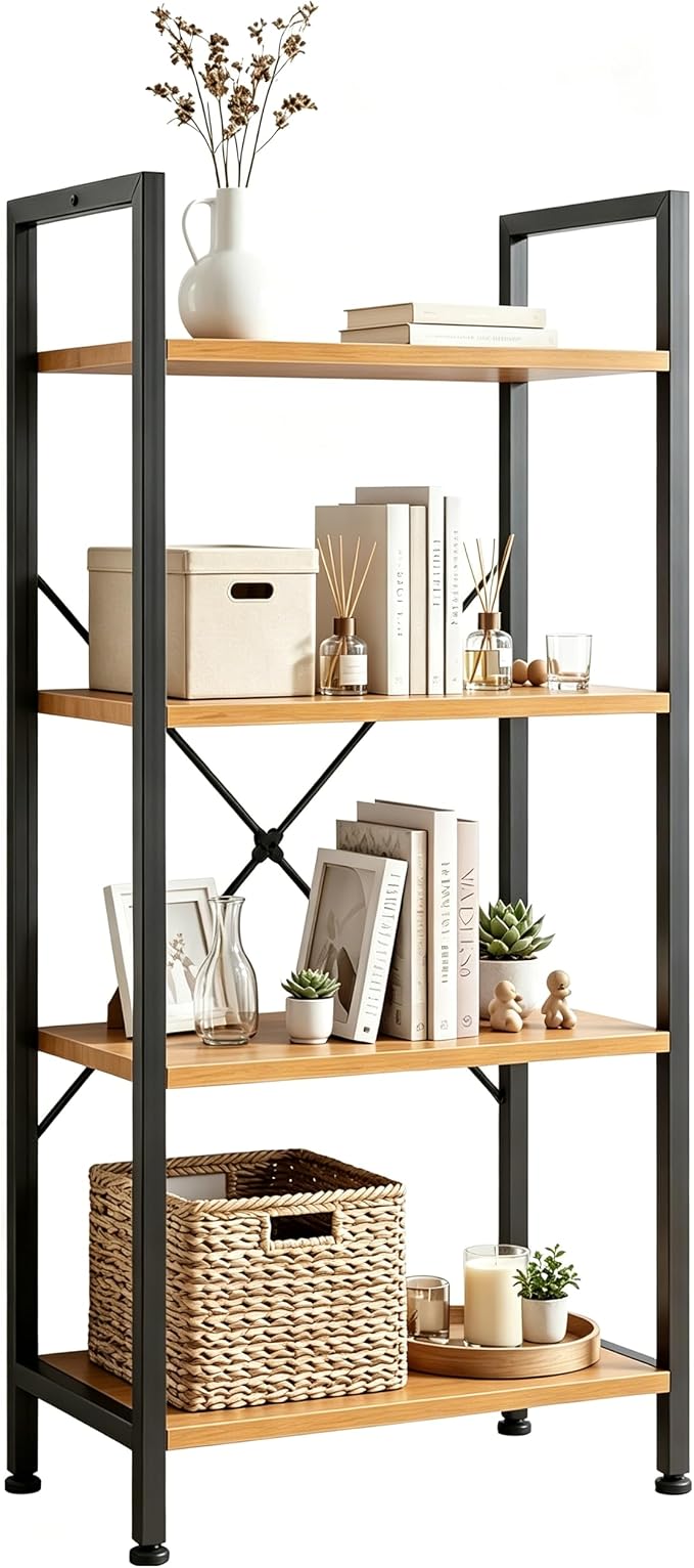 HealSmart 4 Tier Bookshelf, Free Standing Book Shelf Home Office Bookcase Shelf Storage Organizer for Bedroom, Bathroom, Living Room, Office, Balcony, Wood