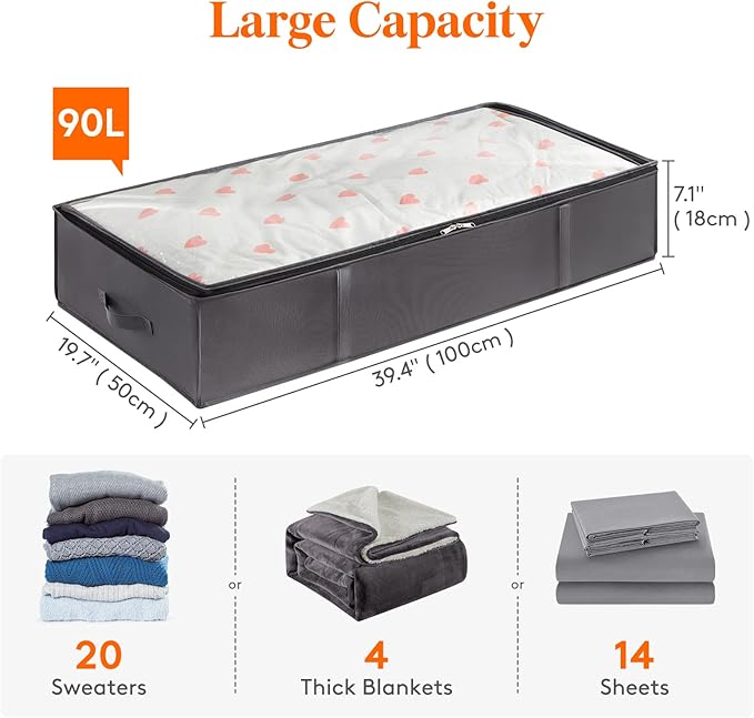Lifewit 95L 4 Pack Under Bed Storage Containers, Large Capacity Blanket Storage Bags with Reinforced Handle, Organization and Storage for Comforters, Sheets, Clothes, Bedroom, College Dorm, Grey