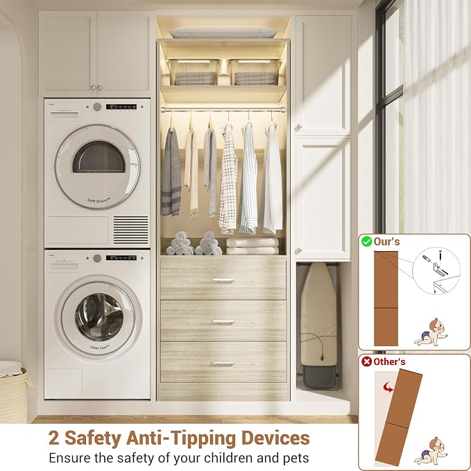 Besiost Closet System Set of 2, 4FT Closet Systems with 6 Wood Drawers, 48" Closet Organizer System with 2 Hanging Rods & 2 Shelves, Heavy Duty 48 Inch Walk-in Closet, White Oak (48"L x 15" W x 80" H)