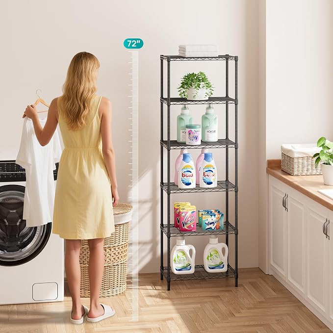 SINGAYE 6 Metal Shelves Wire Shelving Storage Shelf Adjustable Unit Pantry | 6 Tier Kitchen Laundry Room Organization Home Pantry Closet Bathroom Organizers Garage Rack 12" D x 22" W x 69.5" H Black