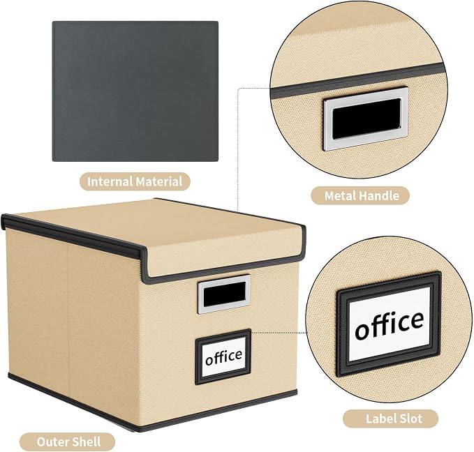 File Organizer Box with Lids, Collapsible File Folder Organizer | File Box with Plastic Slides for Office Document Storage, Filing Bin for Letter Size Hanging File Folders (2 Pack, Brown)