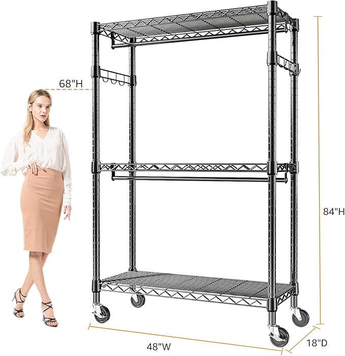 M MZG Heavy Duty Rolling Garment Rack 3 Tiers Adjustable Wire Shelving Clothes Rack with 2 Rods and Side Hooks, Storage Closet Clothing Rack with Wheels Black 17.7" D x 47.2" W x 83.6" H