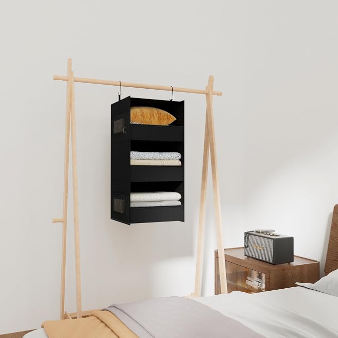 3-Shelf Hanging Closet Organizer, Washable Foldable Storage Shelves, Black | Front lip keeps items secure; side pockets add room; Oxford fabric handles towels, shirts, baby items, dorms, RVs or travel.