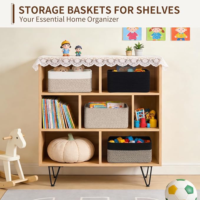 Goodpick 4 Pack Cotton Rope Storage Baskets with Handles, Black | 13" x 8" x 6", Rectangle Design, Shelf Organization, Closet Storage, Baby Toys, Books, Nursery Essentials & Decor