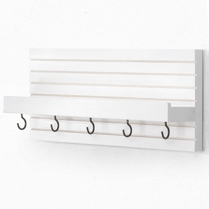 Lwenki Decorative Key Holder for Wall with Shelf, Entryway Shelf with Hooks Holds Leashes, Jackets and Glasses – Sturdy Wood Keyholder Entrance Hanger with Mounting Hardware (White, Medium)