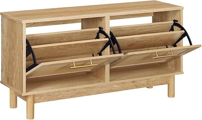 HOOBRO Shoe Storage Bench, Rattan Entryway Bench with 2 Flip Drawers, 39.4'' Hidden Shoe Cabinet with Adjustable Shelves, Comfort Seat Holds 300lb, Large Capacity Fits 8-12 Pairs, Natural NL51HX01