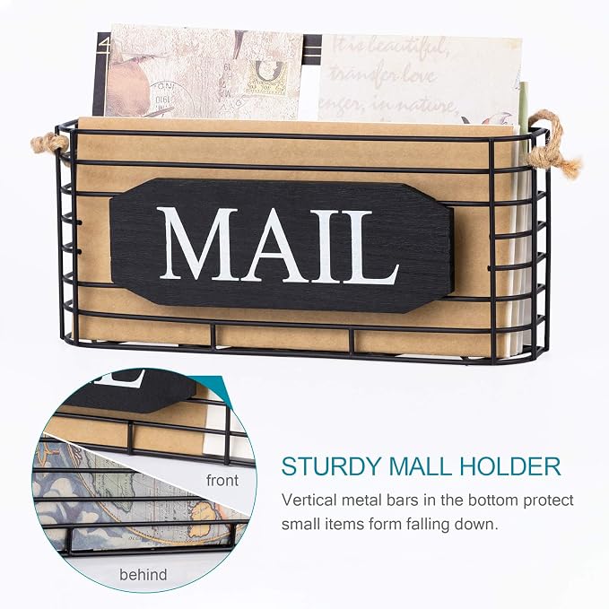 SRIWATANA Rustic Mail Organizer Wall Mount, 5 Key Hooks, Small Size, Black | Mail Holder Key Holder for Wall, Hanging Mail Sorter, Letter Basket for Receipts Bills Envelopes, Home & Office Organizer