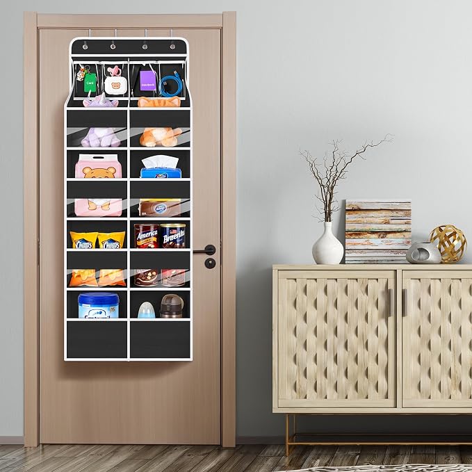 Univivi Upgraded Over the Door Organizer for Baby Nursery, Black, 5-Shelf | Fabric Door Organizer with Clear Window Deep Pockets, Over Door Hanging Organizer for Baby Essential, Bedroom, and Dorm