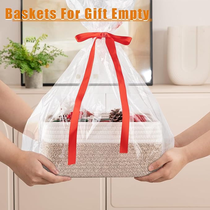 OIAHOMY 4 Pack Storage Baskets for Organizing, Small Bins for Shelves, Cute Decorative Storage Bins, Organizer Baskets for Gifts Empty, 13.8''Lx9.8''Wx5.5''H, Brown/White