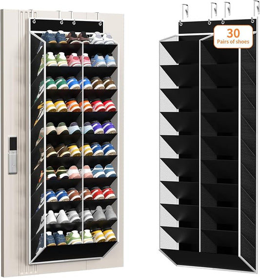 KEEPJOY 20-30 Pairs Over the Door Shoe Organizer, Mesh Hanging Shoe Rack for Door Storage with 20 Wide Deep Pockets,10-Tier Black Door Shoe Holder Fits Sneakers, Boots.