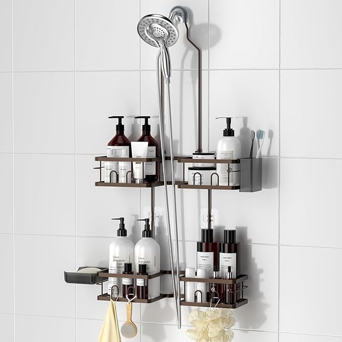 REINHARDT Adjustable Shower Caddy Hanging for Handheld Showerheads, Bronze | Patented Shower Organizer, Rustproof, 40lbs Capacity, Anti-Swing, Tool-Free, Suction Cups, 8 Hooks, Soap & Toothbrush Holder