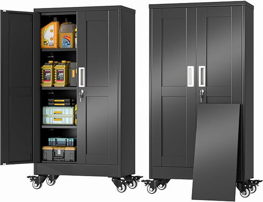 GAIOUS Metal Garage Storage Cabinet with Lock and Wheels, 45.7" Tall Metal Storage Cabinets with Locked Door and 3 Adjustable Shelves, Rolling Tool Cabinet, Utility File Cabinet for Home Office, Black